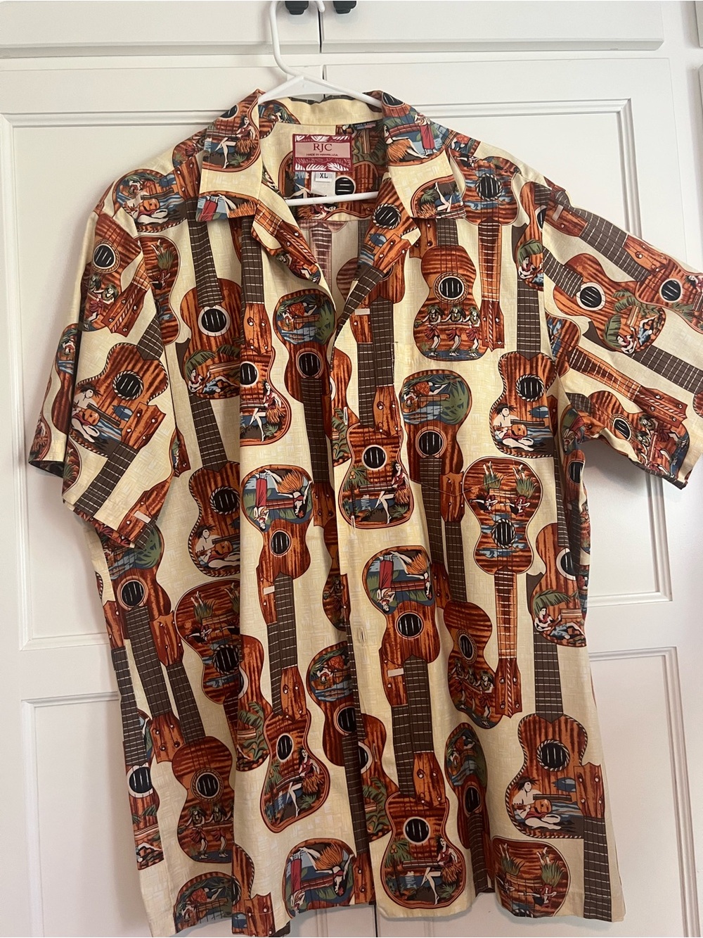 RJC Cream Guitar-Print Short Sleeve Button-Down Shirt